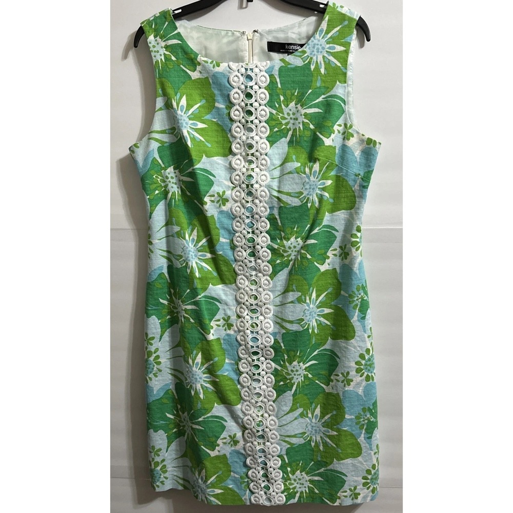 Kensie Shift Dress Womens Sz 4 Lace 1960s Green Floral Embroidered Trim Back Zip
